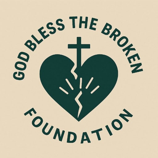 God bless the broken foundation heart with cross symbol, charity, pain recovery, faith healing, inspiring relief, religious support, spiritual aid.