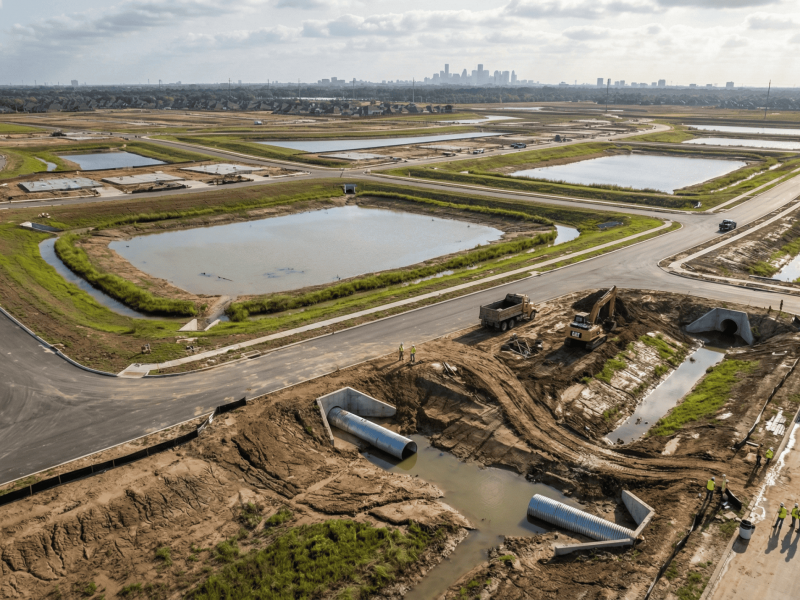 Eco-friendly urban development progress with water management infrastructure.